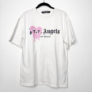 Palm Angels Pink Heart Palm Beach Logo Sprayed Tee White Graphic T Shirt Small